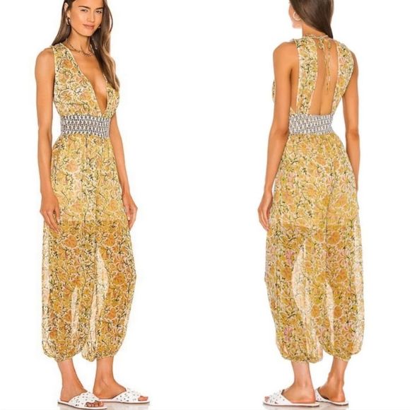 Free People Pants - Free People Maria's Yellow Floral Smocked Deep V Jumpsuit size M